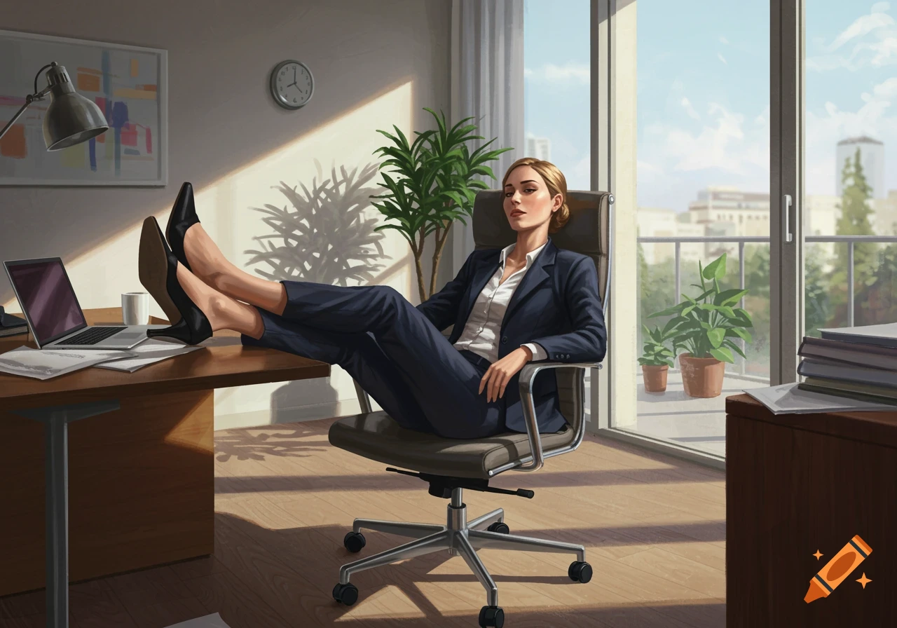 A business woman in a suit relaxing with her feet on the desk in an office overlooking a city.