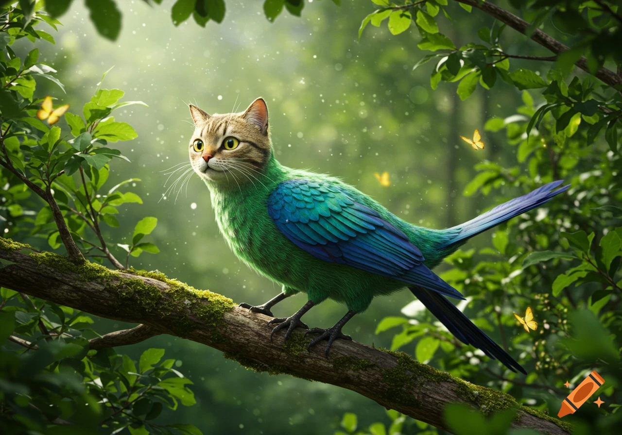 A photorealistic catbird with a tabby head and green, blue feathery body perches on a mossy branch in a sun-dappled forest.