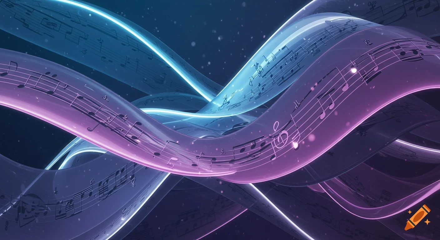Abstract 3D rendering of glowing purple and blue ribbons intertwined with musical notes and sparkling particles.