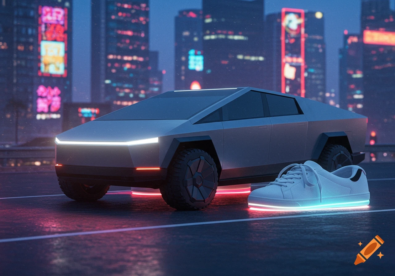 A white Tesla Cybertruck and a white sneaker with glowing neon trim on a dark road in a neon-lit futuristic city at night.