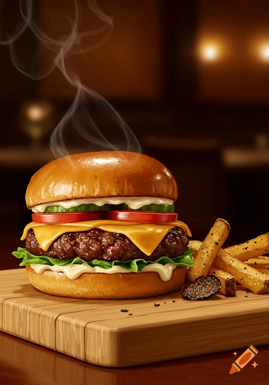 A steaming cheeseburger with lettuce, tomato, and pickles on a bun, served with seasoned fries and a truffle slice on a wooden board.