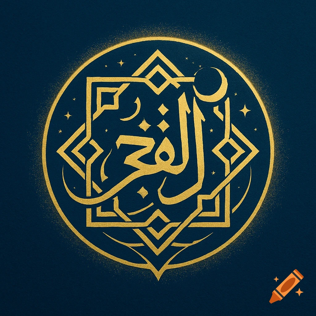 A golden Arabic calligraphy logo on a dark blue background, featuring geometric patterns, stars, and a crescent moon.