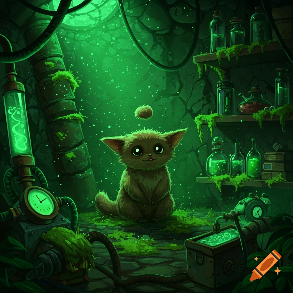 A cute, furry creature with big eyes and ears sits in a glowing green mystical laboratory filled with bottles and scientific equipment.