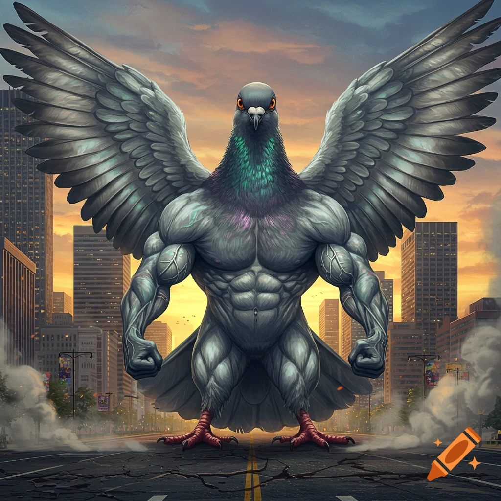 A giant, muscular pigeon with large wings stands powerfully on a cracked city street with skyscrapers and an orange sky in the background.