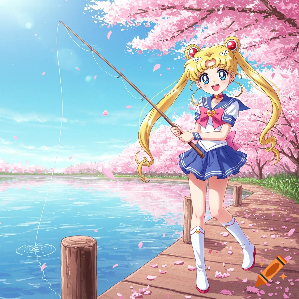 An anime girl in a sailor uniform fishes from a wooden dock on a calm lake surrounded by pink cherry blossom trees under a blue sky.