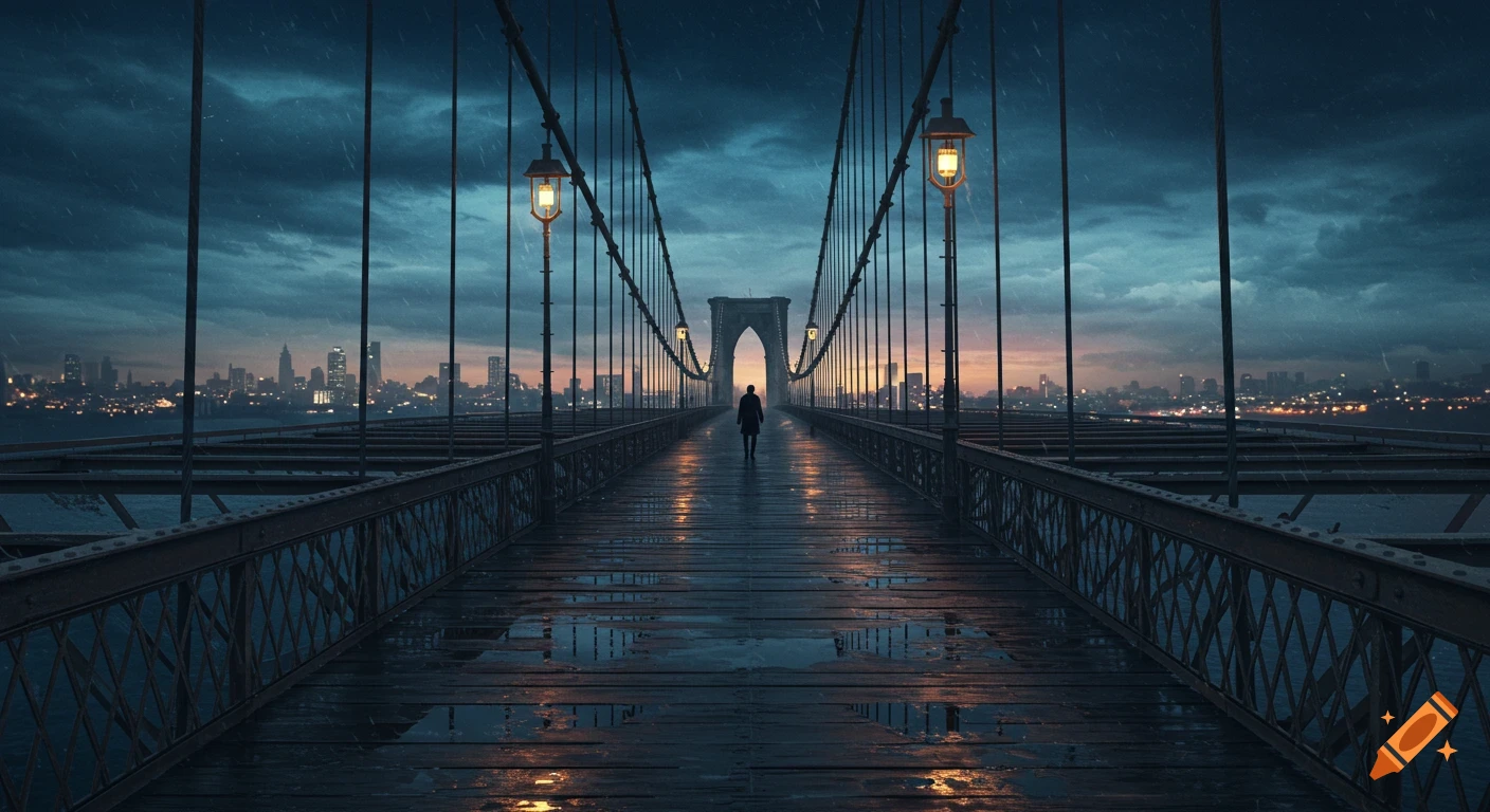 A solitary figure walks on a long, wet bridge under a dramatic stormy sky at dusk, with city lights reflecting in puddles.