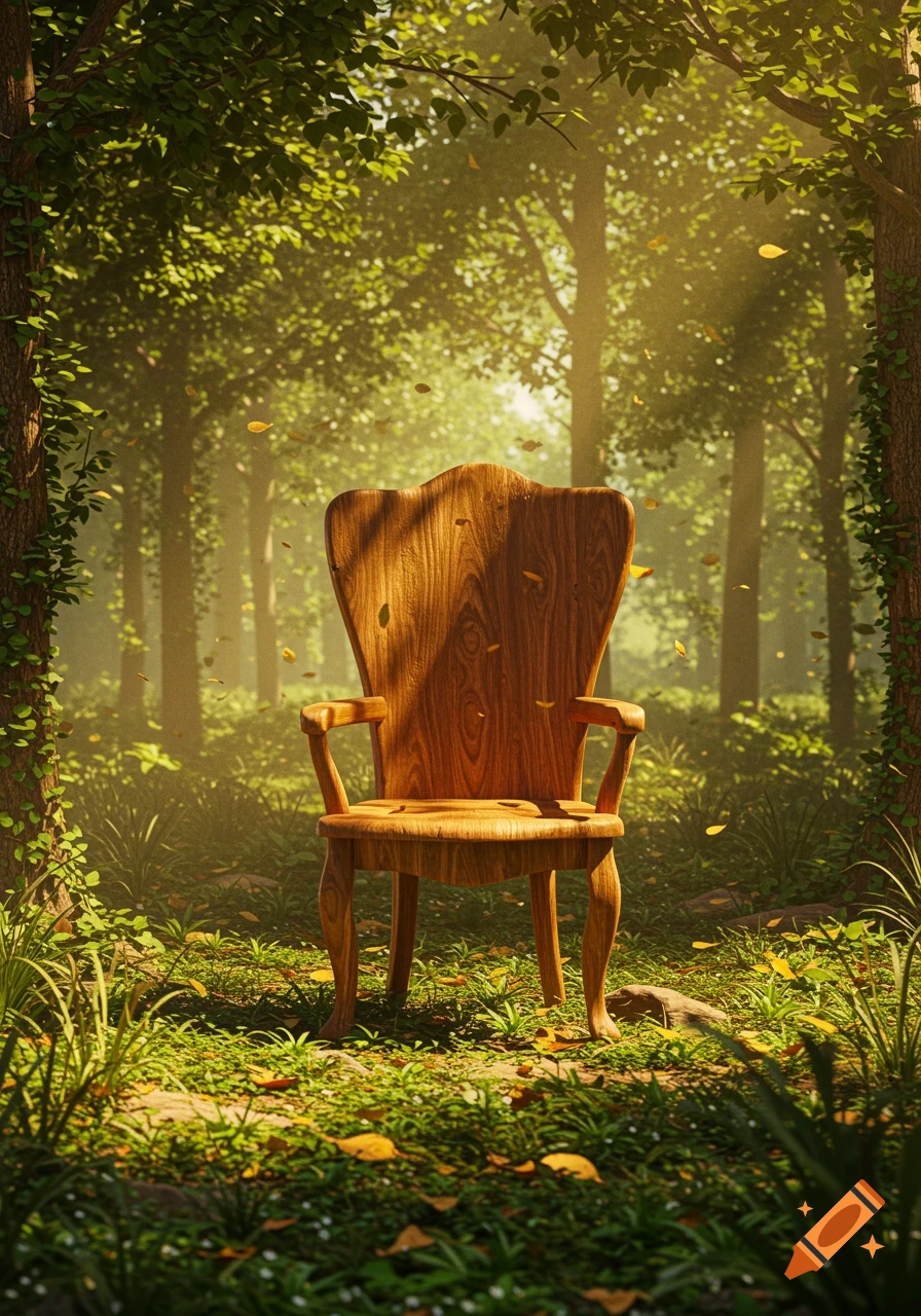A rustic wooden chair sits in a sunlit forest clearing with leaves falling around it, bathed in golden light.