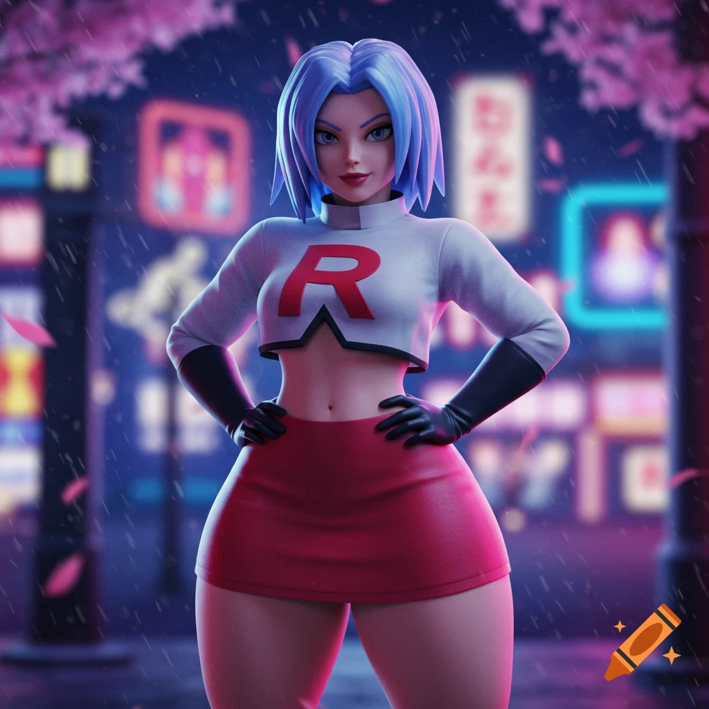 An animated portrayal of James from Team Rocket, with blue hair and a crop top, posing in a stylized neon city at night.