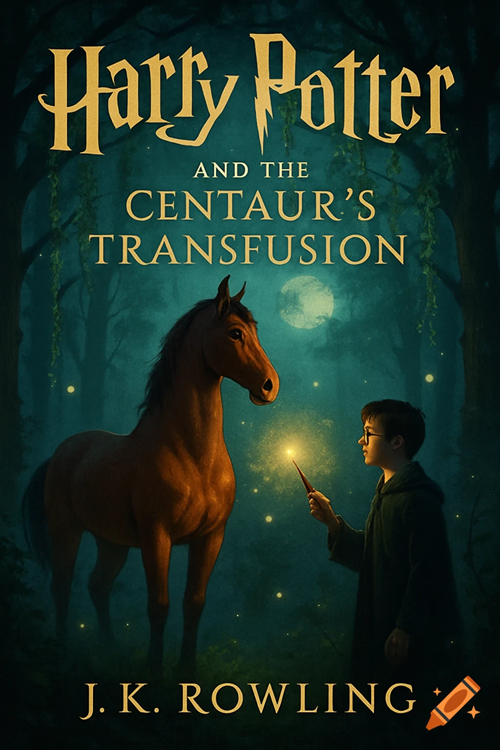 A book cover depicting Harry Potter with a glowing wand facing a horse in a magical forest under a full moon.