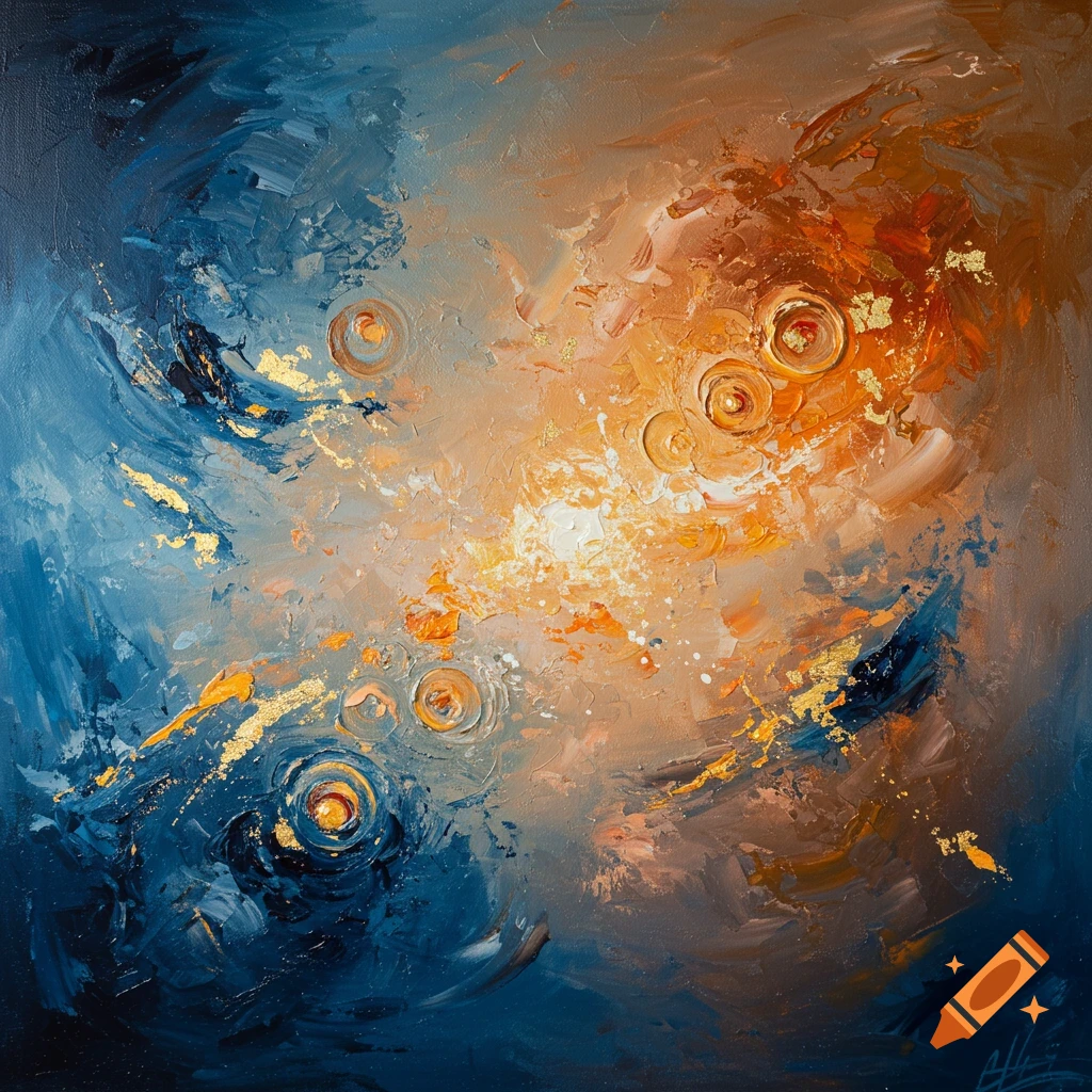 An abstract oil painting in shades of blue and orange with golden flecks and textured circular shapes.