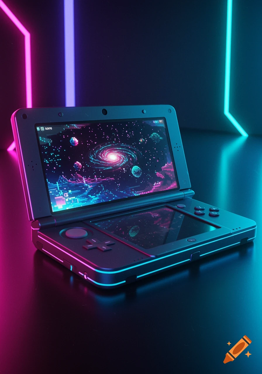 A futuristic Nintendo 4DS gaming console on a dark surface, illuminated by neon pink and blue lights. The top screen displays a vibrant galaxy.