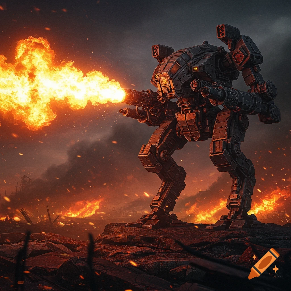 A large battle mech fires a flamethrower in a fiery, smoke-filled post-apocalyptic landscape at dusk.