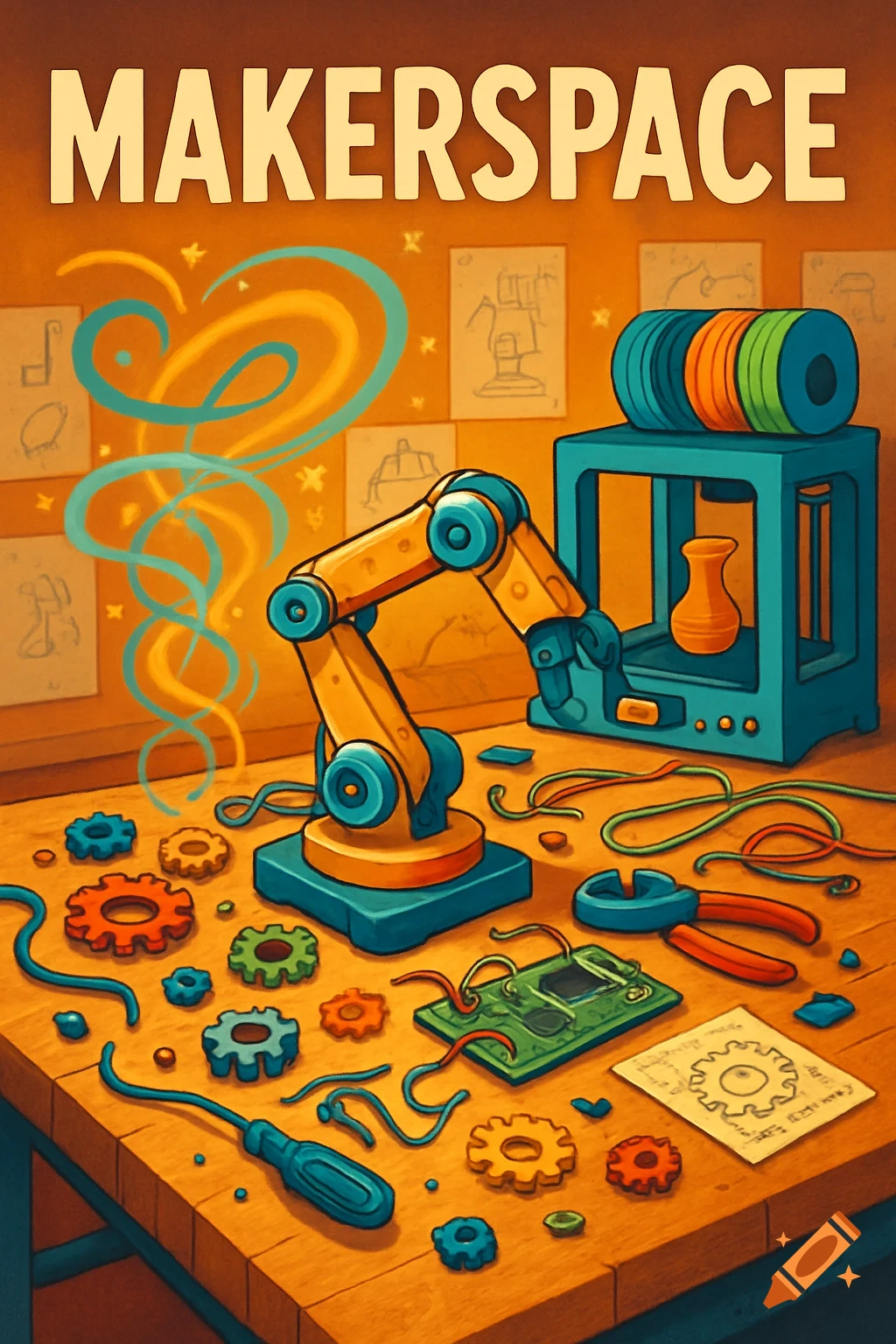 Colorful illustration of a makerspace with a robotic arm, 3D printer, tools, and gears on a wooden table, text 'MAKERSPACE'.