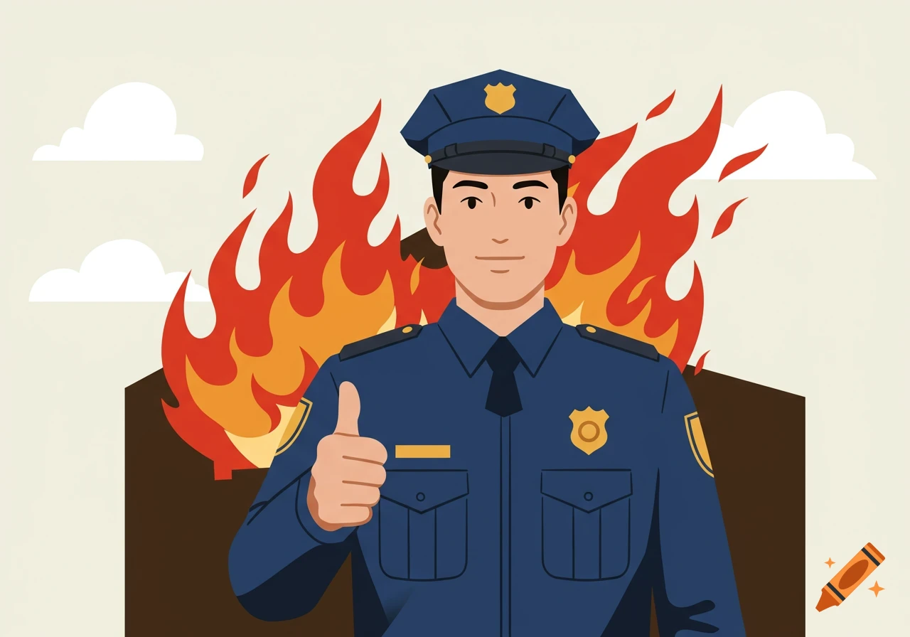 An illustration of a police officer giving a thumbs up in front of a burning building.