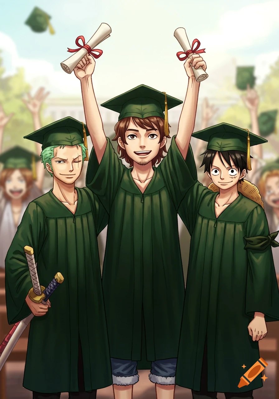 Three anime-style young men, including Luffy and Roronoa Zoro from One Piece, wear green graduation caps and gowns and hold diplomas, celebrating graduation.
