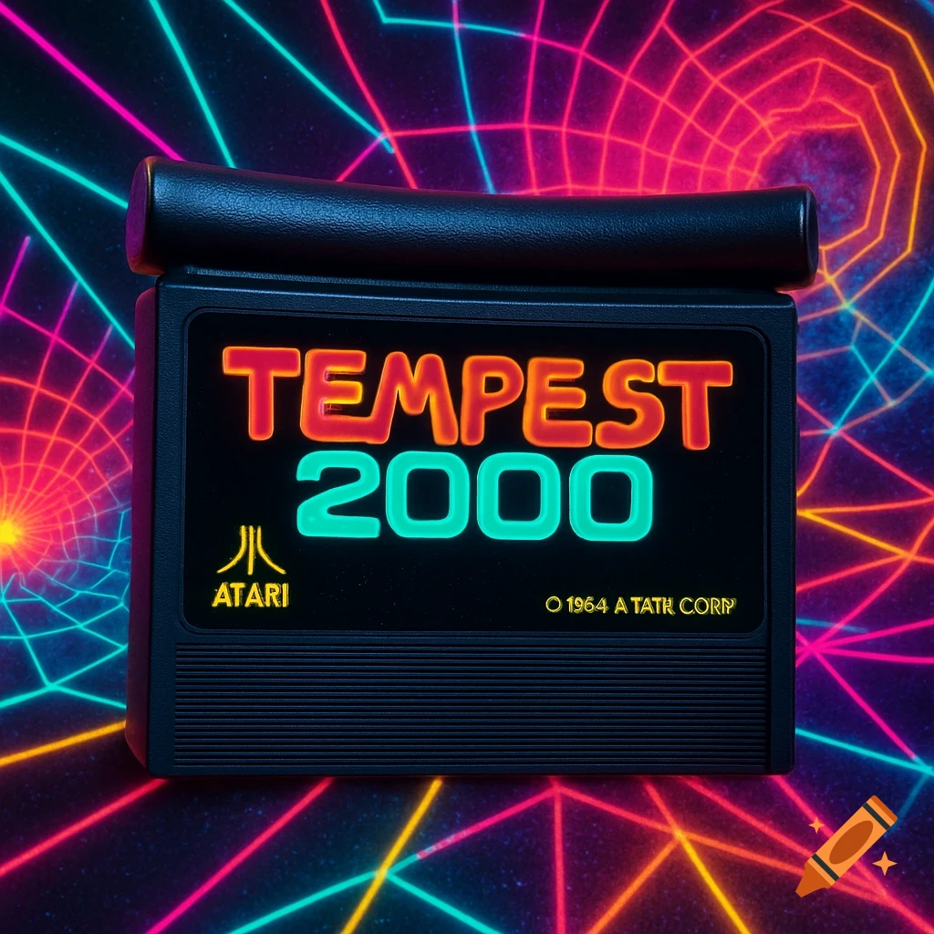 An Atari Jaguar cartridge for Tempest 2000, with a glowing red and green title, set against a vibrant neon grid background.