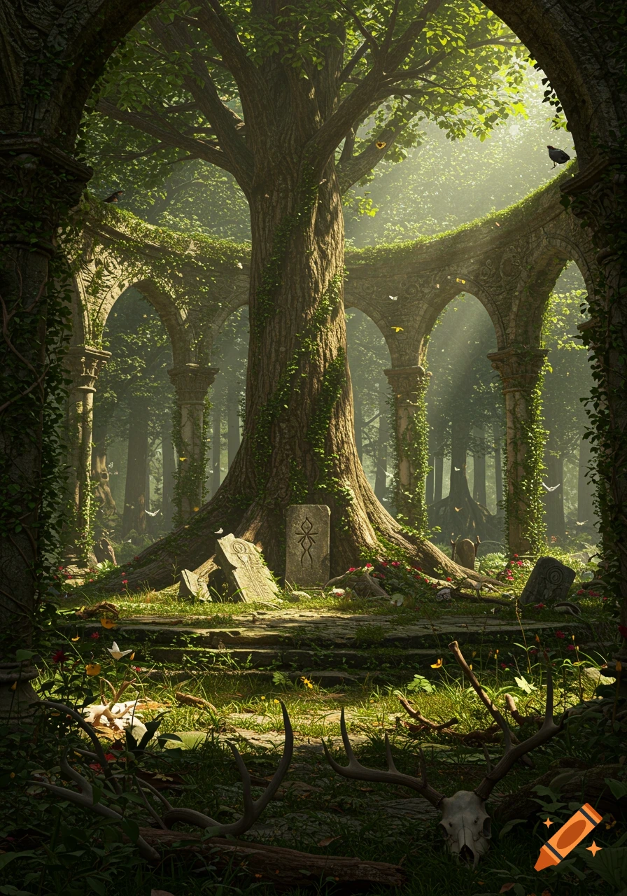 A majestic ancient tree stands within crumbling moss-covered stone arches in a mystical, overgrown forest, with sun rays filtering through the canopy and a deer skull and antlers on the ground.