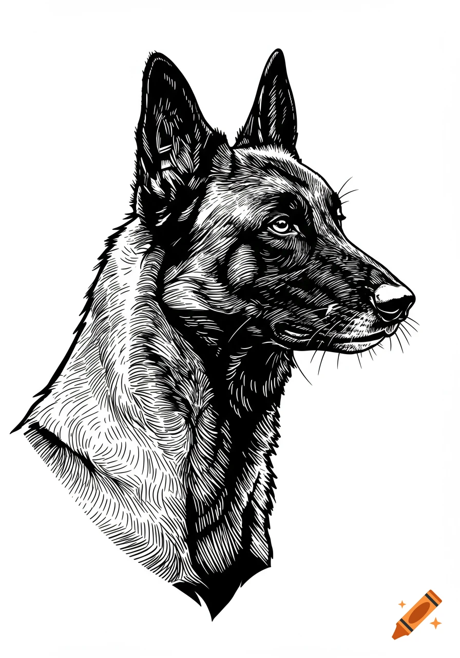 Black and white woodcut style illustration of a Belgian Malinois dog, head and upper body in profile.