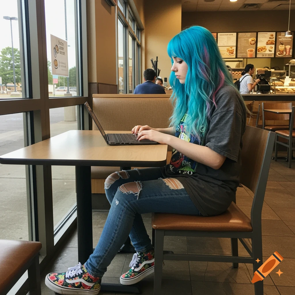 A young person with bright blue hair and ripped jeans sits at a table in a cafe, typing on a laptop.