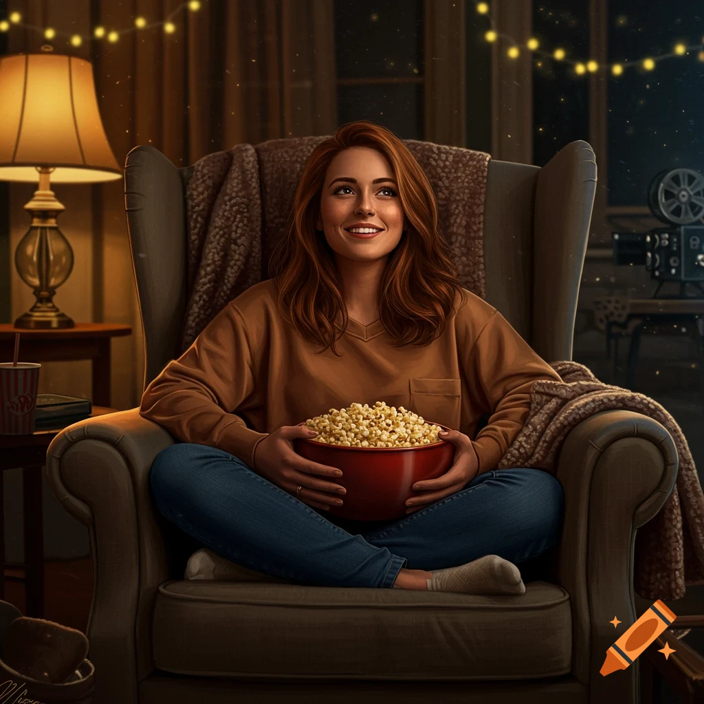 A smiling woman with red hair sits cross-legged in an armchair, holding a large red bowl of popcorn, in a cozy room with string lights.