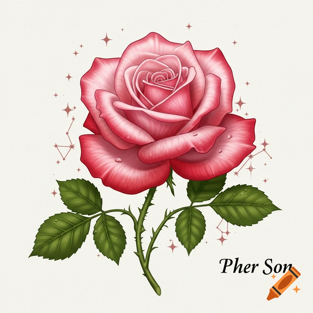 A vibrant pink and red rose with green leaves and thorns, stylized like a tattoo design, with water droplets and faint constellation lines. Text 'Pher Son' is at the bottom right.