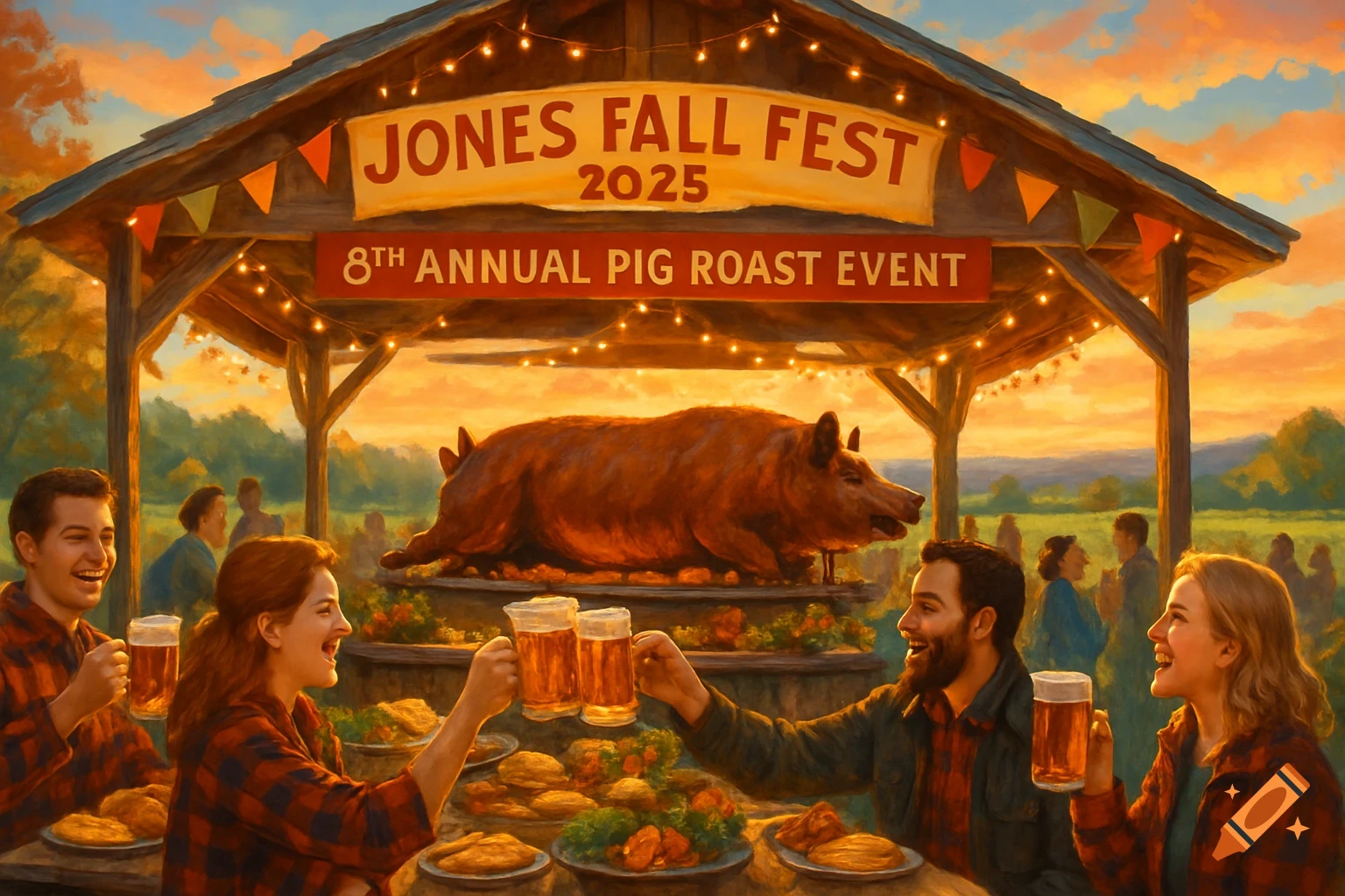People celebrate at a Jones Fall Fest 2025 pig roast under a banner, toasting with beer at sunset. The scene is depicted in a painterly style.