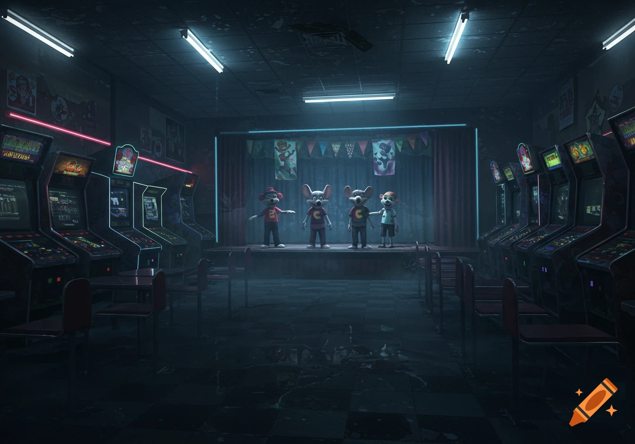 A dark, eerie scene of an abandoned arcade with four anthropomorphic mouse characters on a stage, surrounded by vintage arcade machines and empty tables.