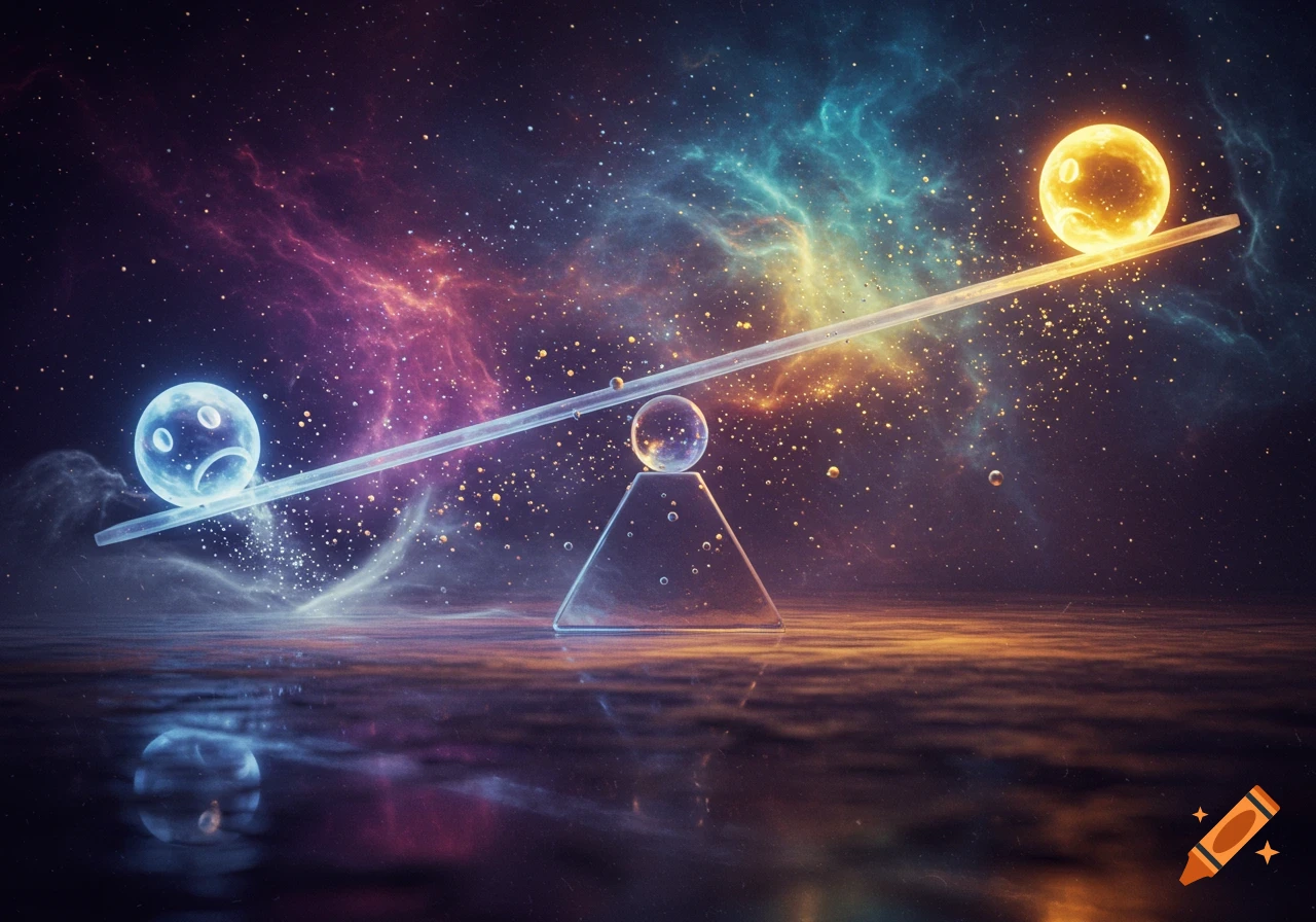 A cosmic seesaw balances a sad blue sphere and a glowing happy orange sphere against a vibrant nebula sky, reflecting on a dark surface.