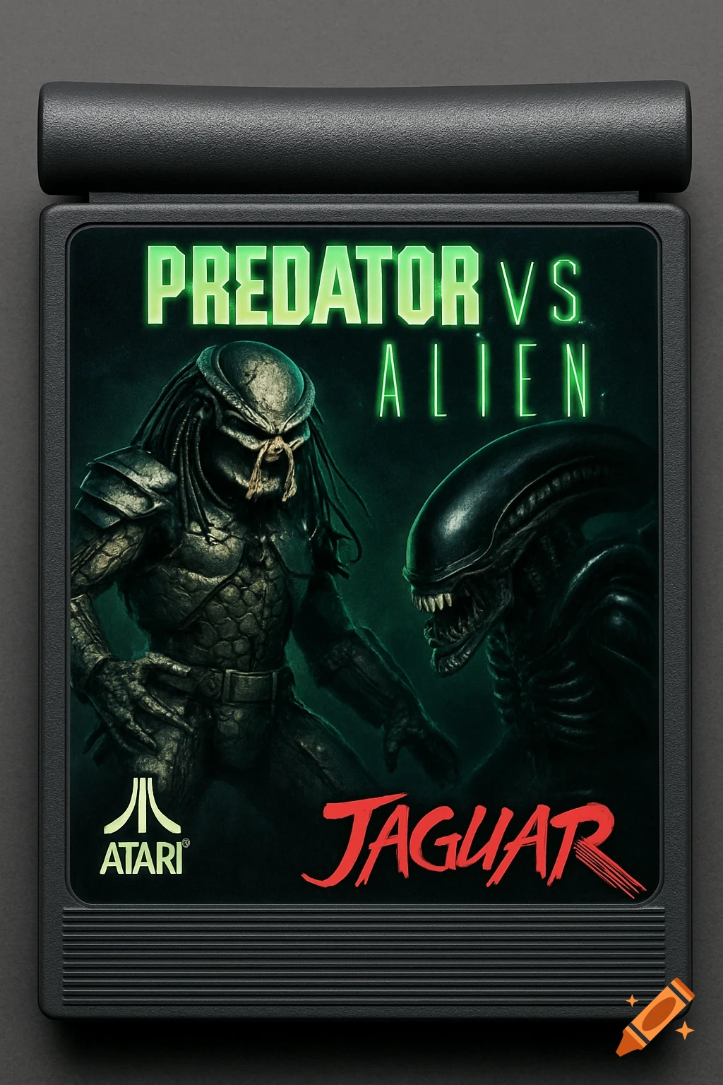 Atari Jaguar game cartridge for 'Predator VS Alien' with cover art showing Predator on left, Alien on right, on a dark green background.