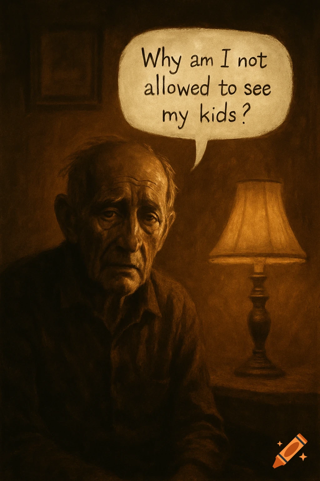 Sepia-toned illustration of a sad old man with a speech bubble saying, 'Why am I not allowed to see my kids?'