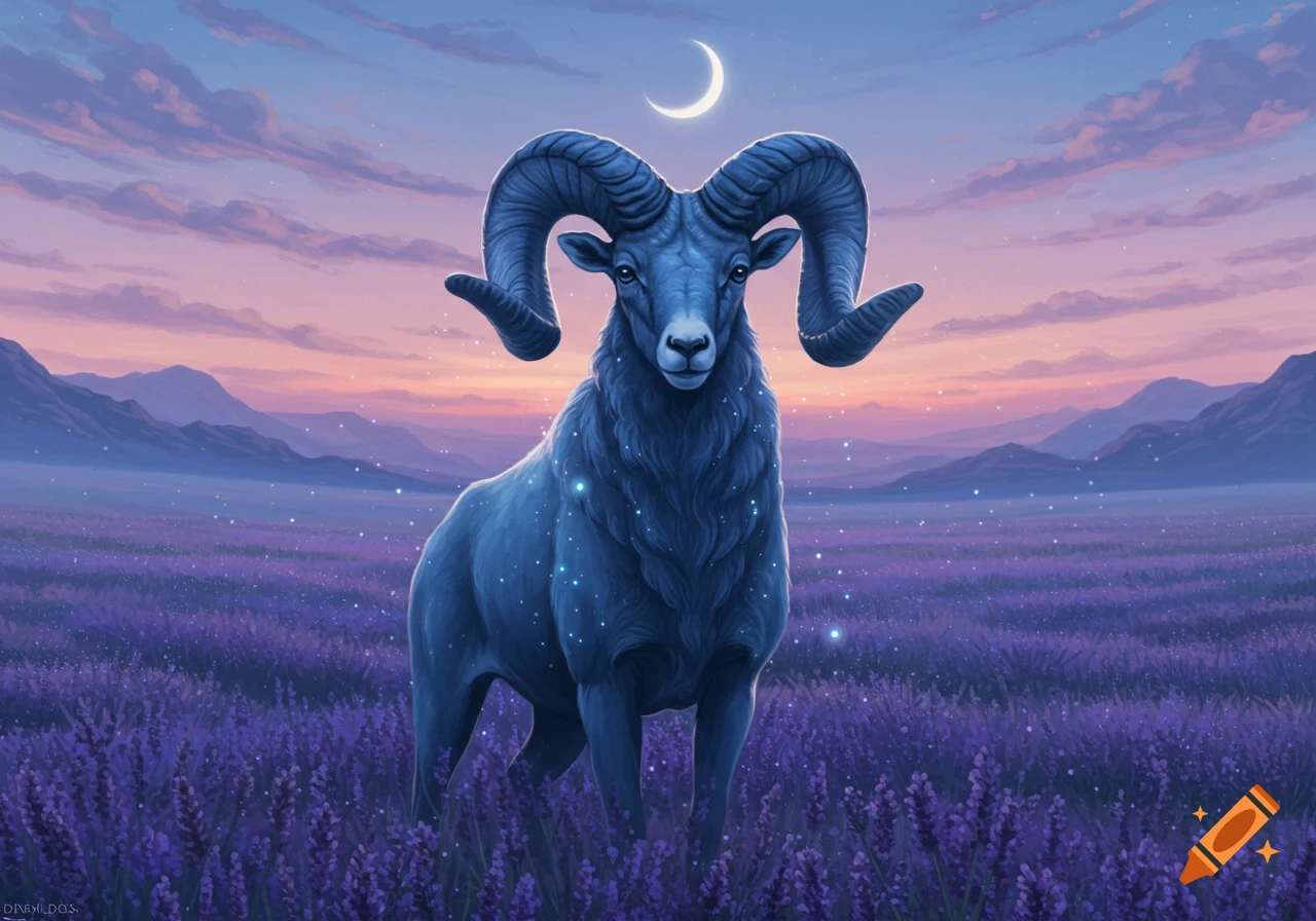 A majestic blue ram with large horns stands in a purple lavender field under a twilight sky with a crescent moon.