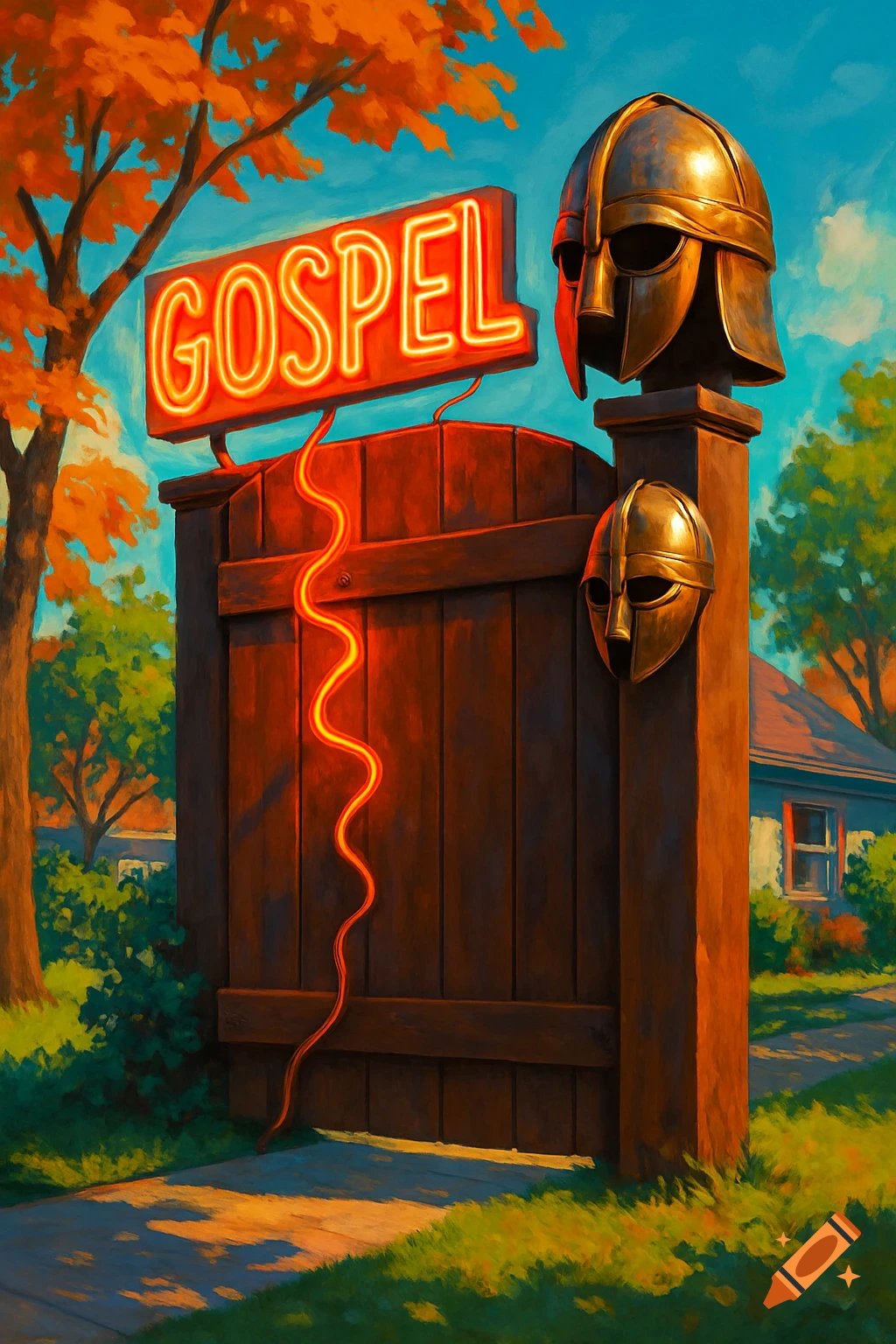 A painterly image of a brown gate with a bright neon sign reading 'GOSPEL' and two metallic helmets, set in a suburban autumn scene.