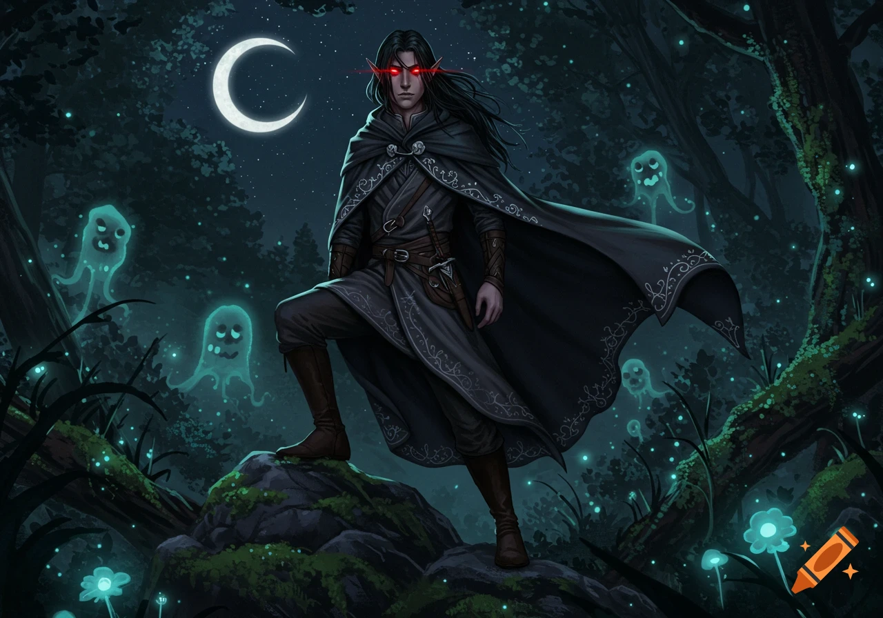 A dark-haired half-elf with glowing red eyes and pointed ears stands on a rock in a moonlit forest, surrounded by cartoonish blue ghosts and glowing plants.