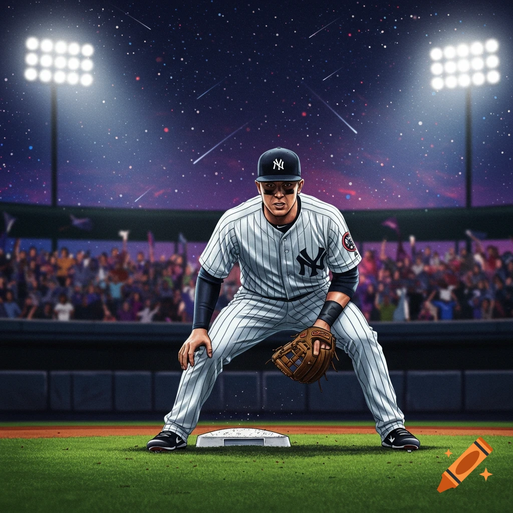 An illustrated baseball player in a New York Yankees uniform crouches on the field under stadium lights and a starry night sky.