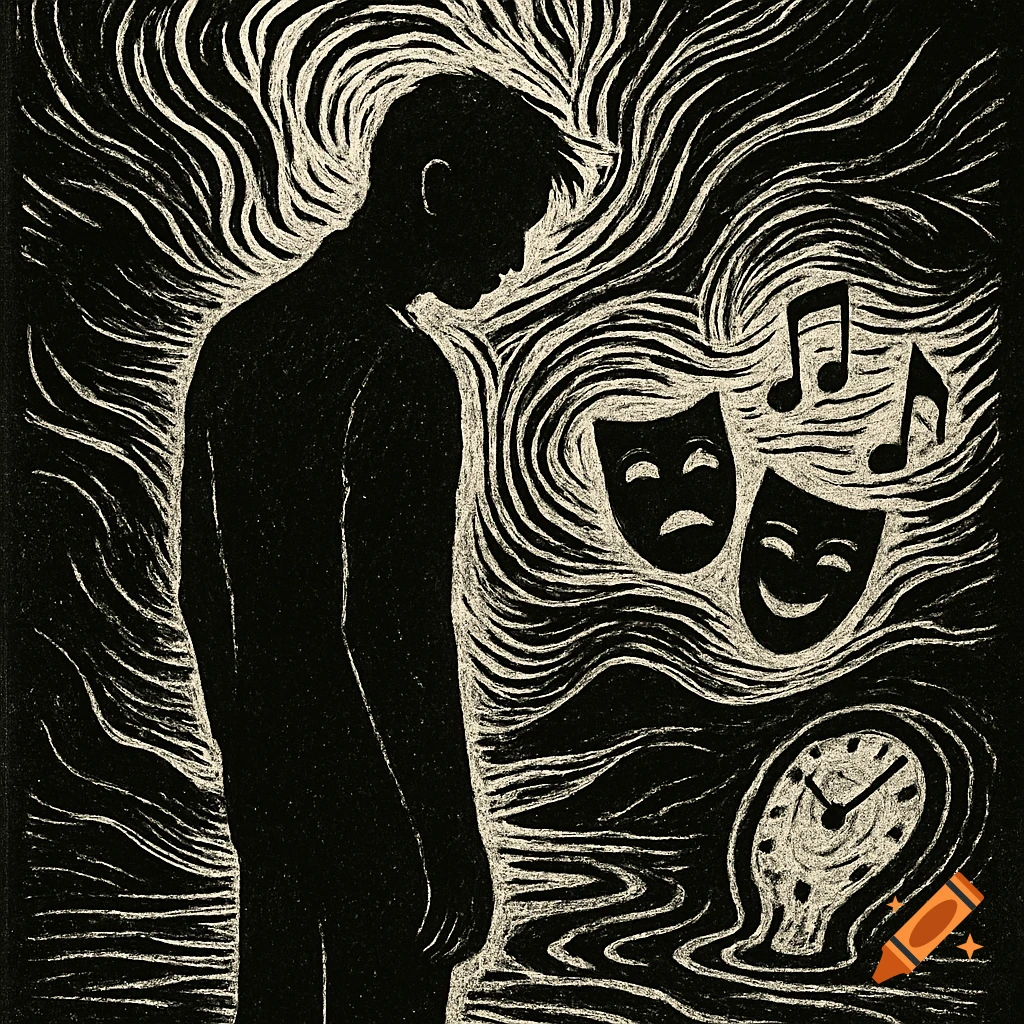 A black and white lino print of a silhouetted man with swirling lines, theatrical masks, musical notes, and a melting clock surrounding him.