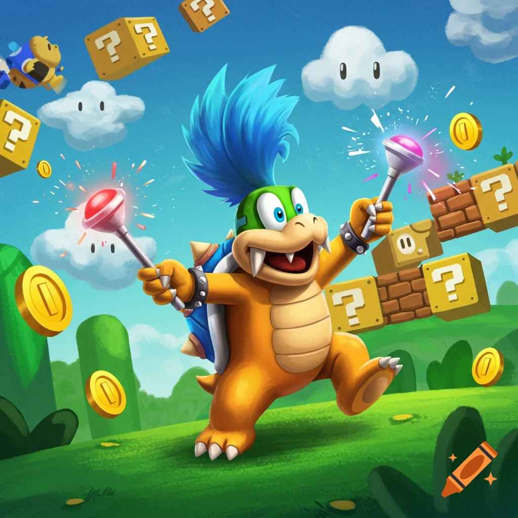 Larry Koopa with blue hair, holding two glowing wands, among question mark blocks, coins, and clouds in a vibrant Super Mario-style landscape.