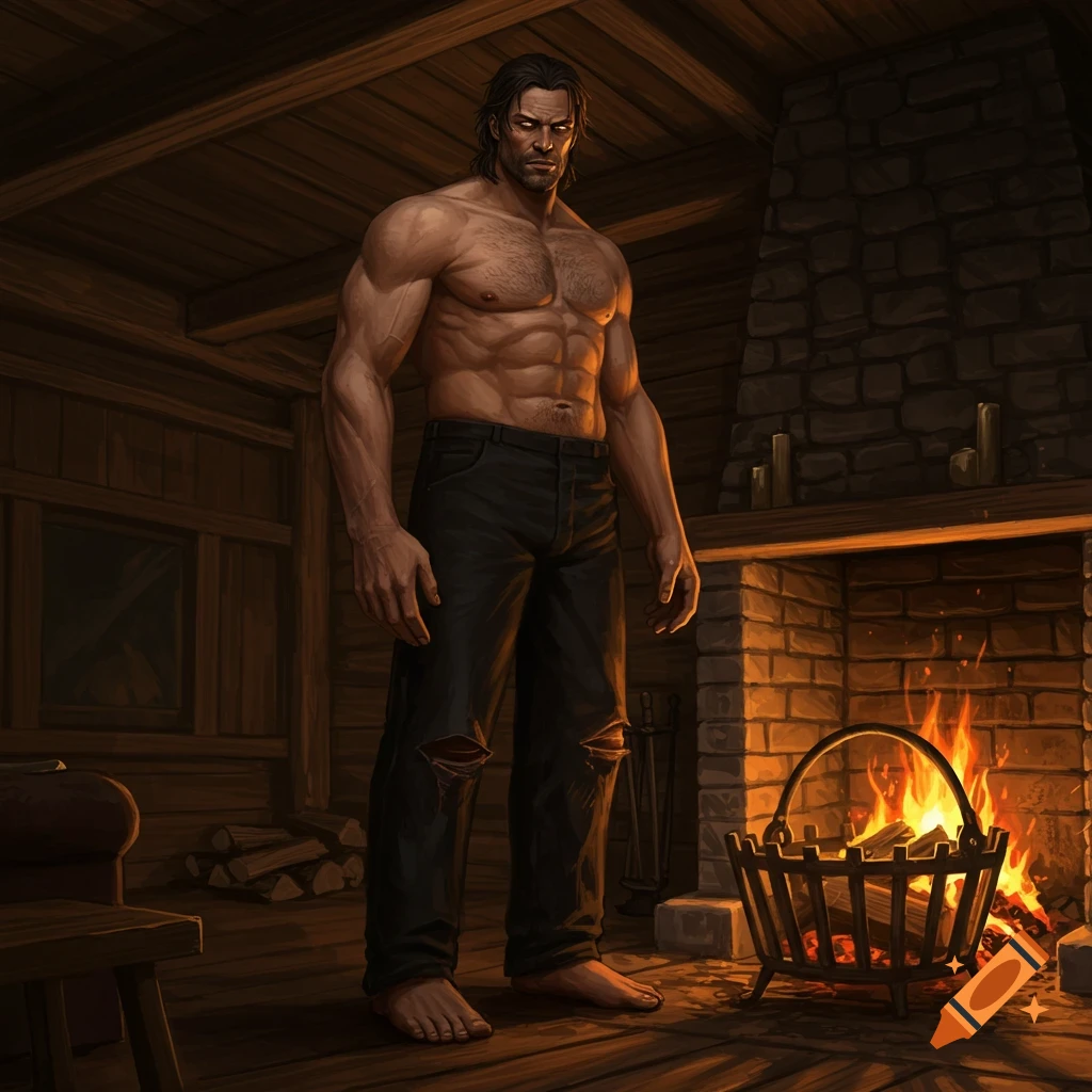 A muscular, shirtless man in ripped jeans stands in a rustic cabin next to a stone fireplace with a glowing fire.