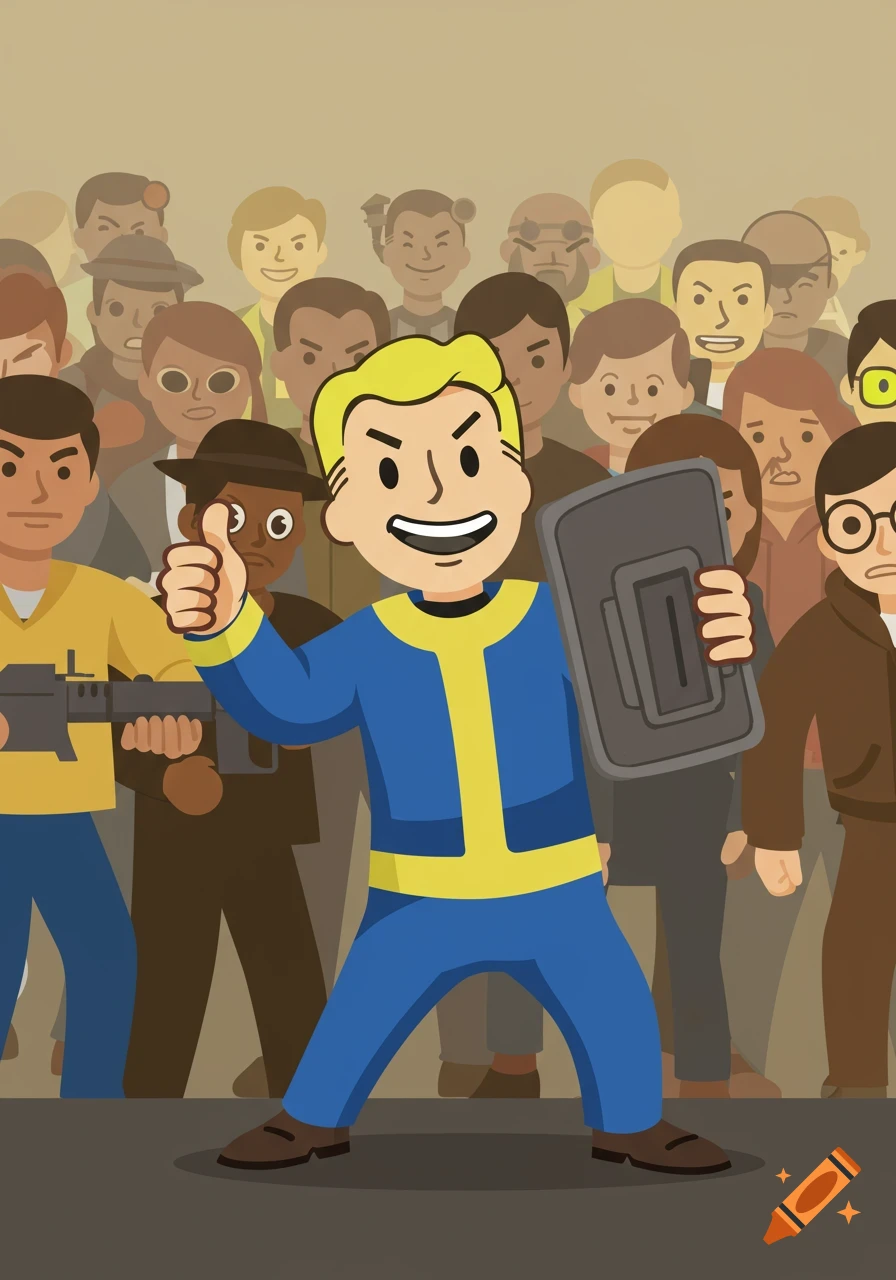 A cartoon illustration of Vault Boy from Fallout pushing against a crowd of people, giving a thumbs up. He wears a blue and yellow jumpsuit.