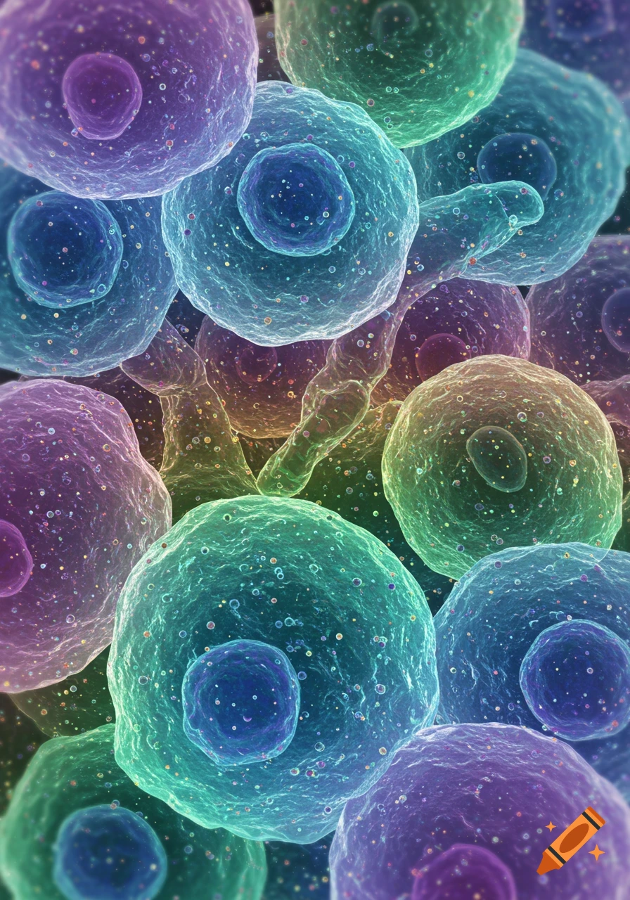 Close-up of numerous colorful, translucent cells with nuclei and particles, under a microscope.