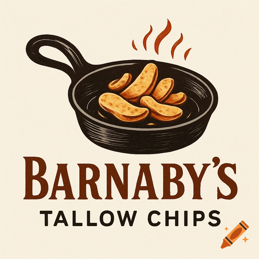 A vintage-style logo for Barnaby's Tallow Chips, featuring a black cast iron skillet filled with golden, oval-shaped chips, with steam rising above. Below the pan, the words "BARNABY'S TALLOW CHIPS" are displayed in a bold, brown font.