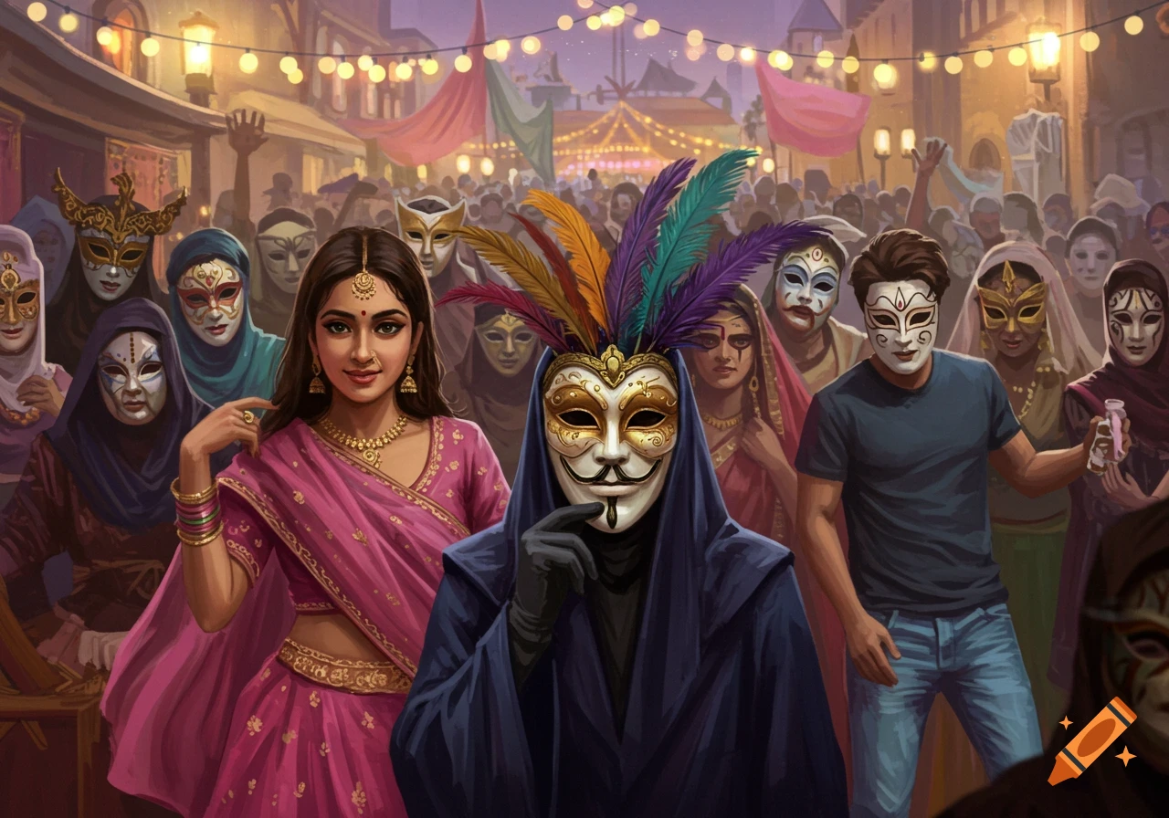 A crowded street festival at night with people wearing masks. A woman in a pink dress and a figure in a Guy Fawkes mask are prominent.