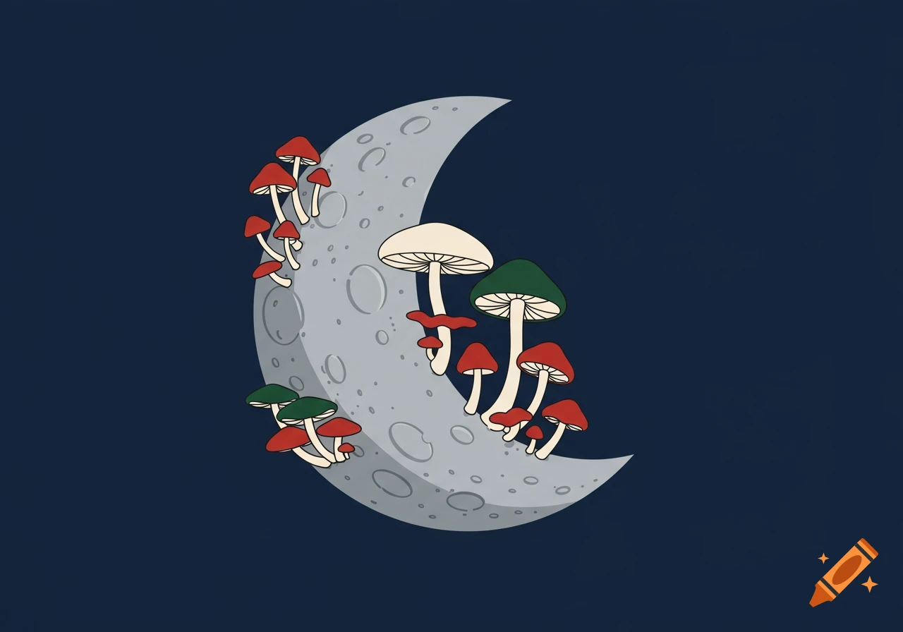 A stylized illustration of red, white, and green mushrooms growing on a gray crescent moon against a dark blue background.