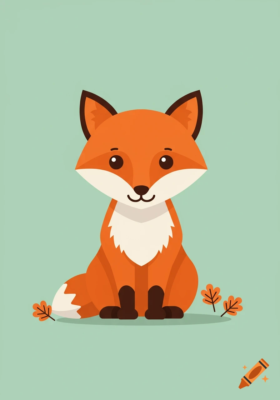 A cute cartoon fox sitting on a light green background with autumn leaves.