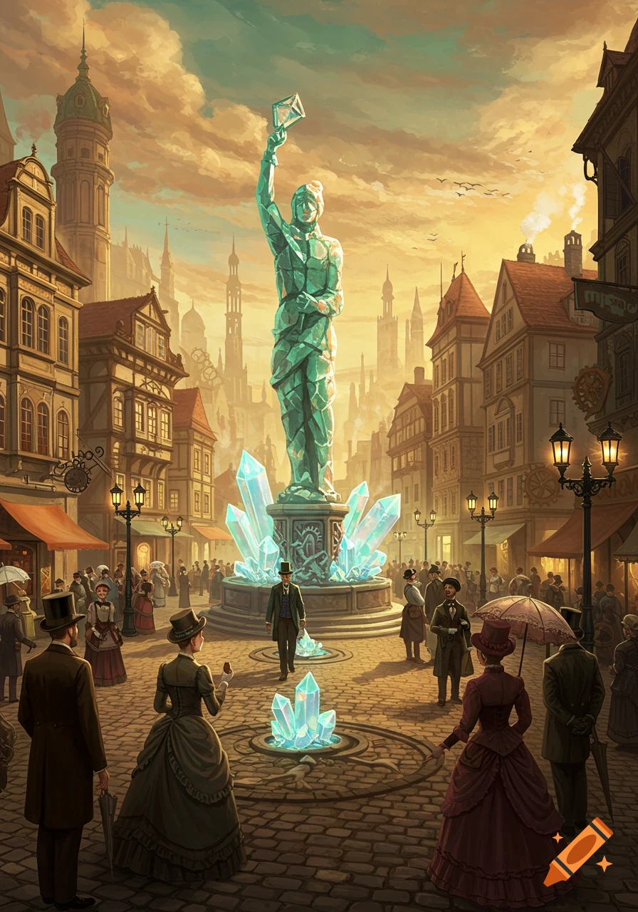 A bustling steampunk city plaza at sunset with a tall gemstone statue, surrounded by glowing crystals and people in Victorian attire.
