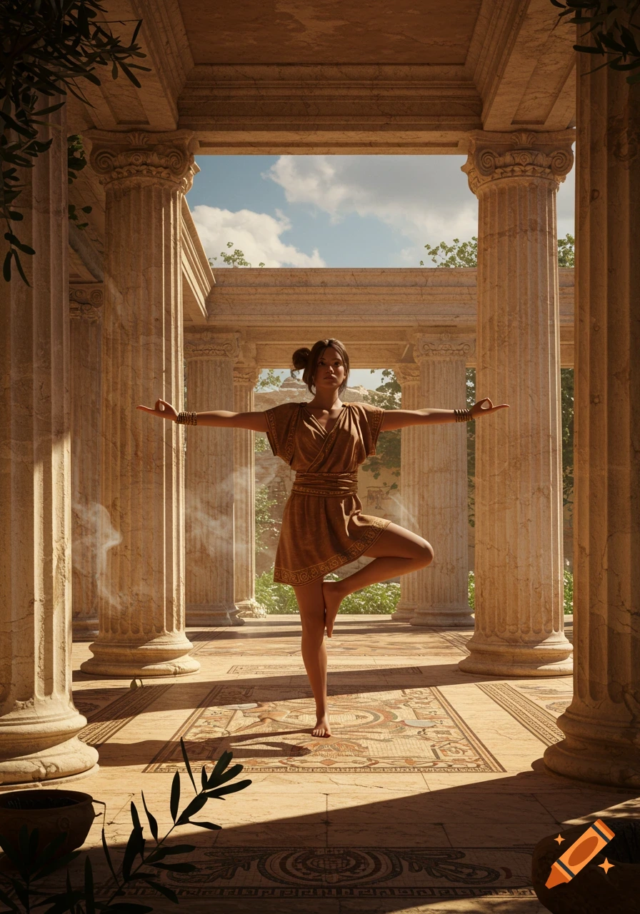 A person in a brown tunic practices a yoga tree pose amidst ancient stone pillars and a patterned mosaic floor under a clear sky.