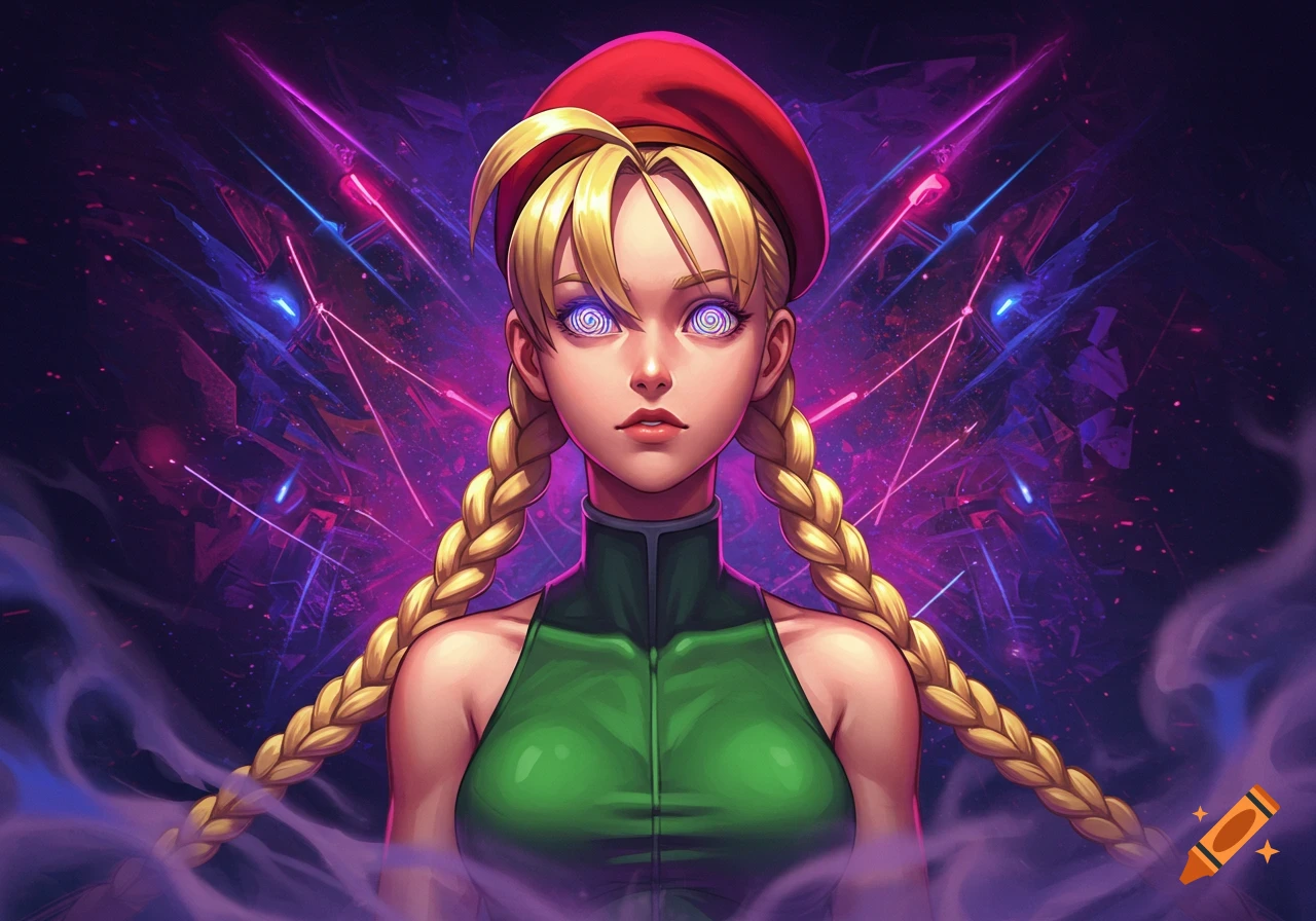Anime portrait of Cammy from Street Fighter with hypnotic spiraling eyes, wearing a red beret and green outfit, against a neon purple and blue background.