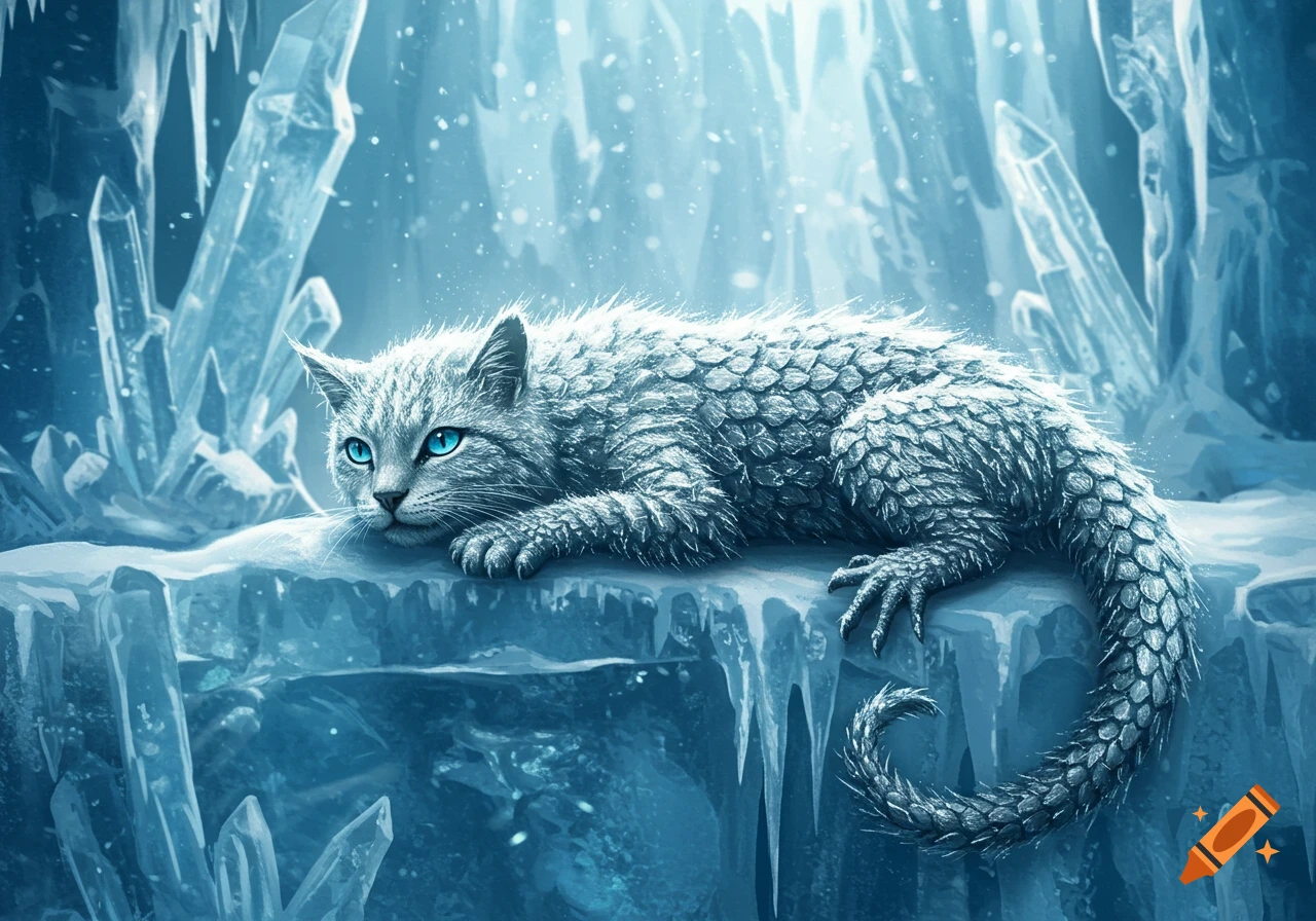 A white-furred, scaly lizard-cat creature with bright blue eyes lies on an icy ledge amidst large ice crystals and falling snow.