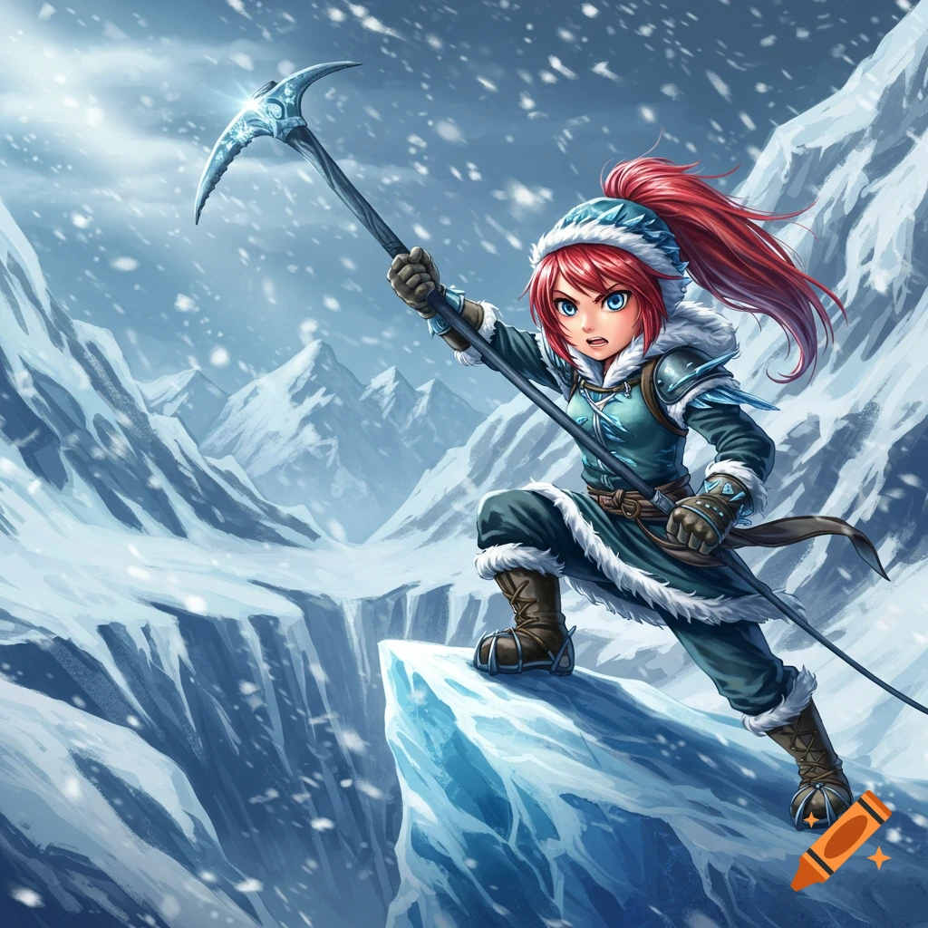 A red-haired anime girl in winter gear crouches on an icy cliff, holding an ice pick in a snowy mountain landscape.