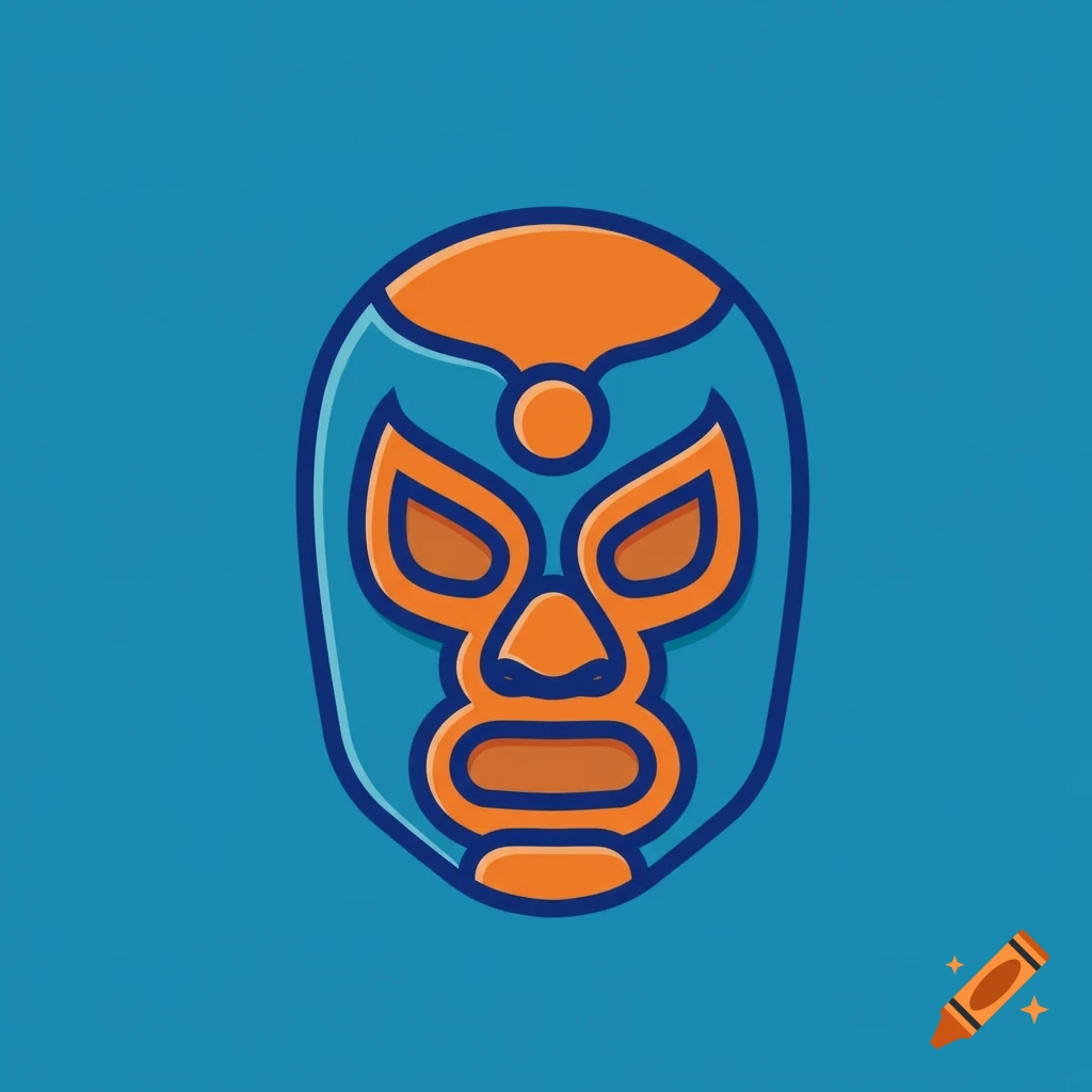 A flat vector-style Mexican luchador wrestling mask in orange and blue on a solid blue background.
