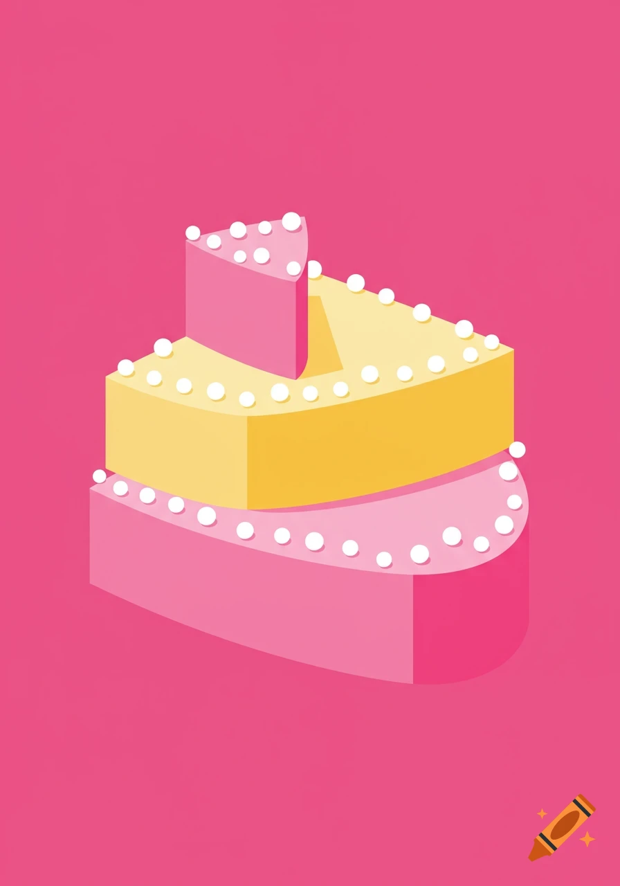 A minimalist illustration of a three-tier cake with pink and yellow layers and white icing balls. A slice is cut out.